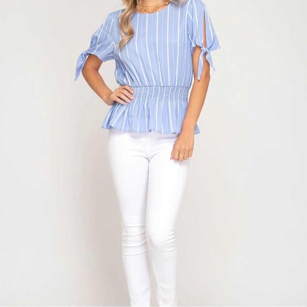 She + Sky Blue and White Striped Cold Shoulder Blouse - Picture 4 of 8